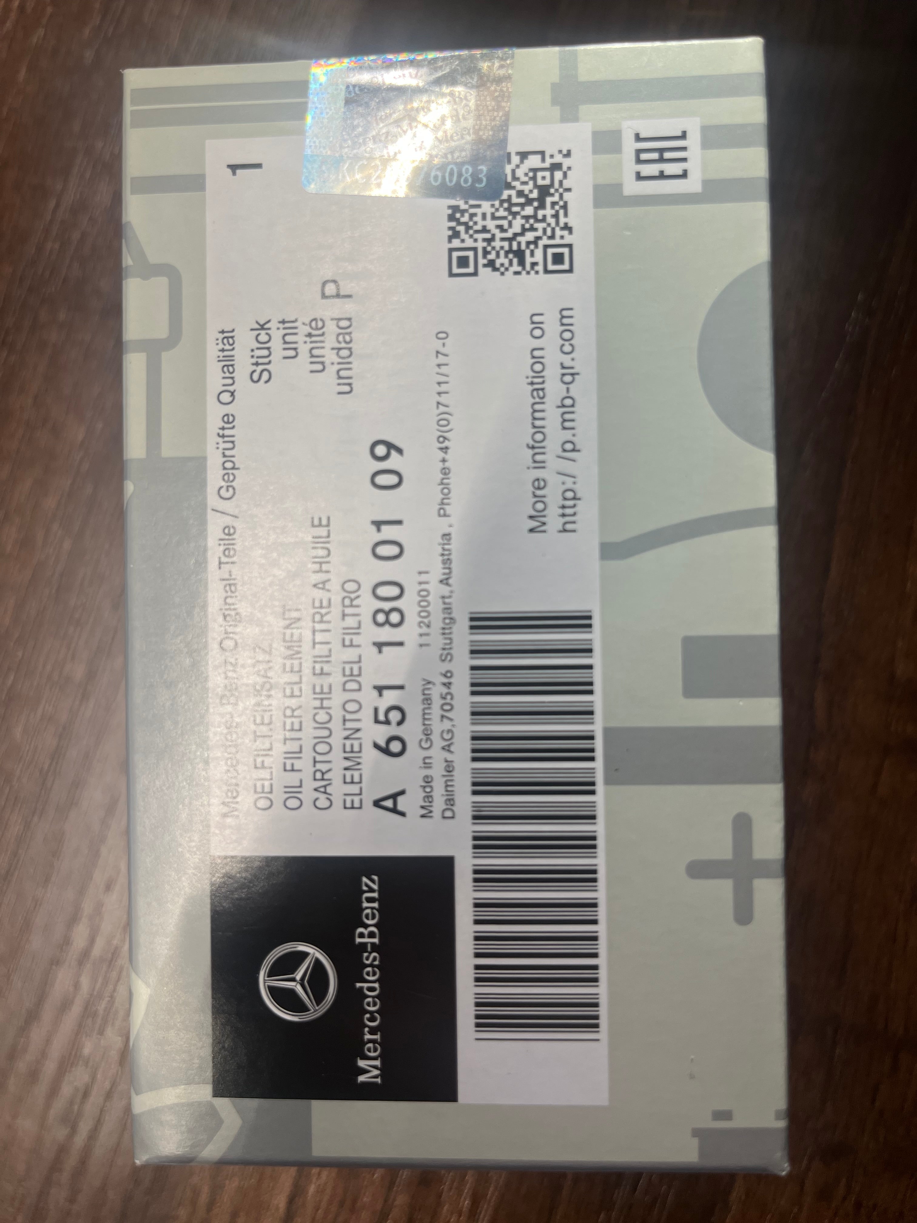 Genuine Mercedes 200D , 220D , 250D Engine Oil Filter A6511800109 , Mercedes A Class, C Class, E class, V Class, Viano, Sprinter